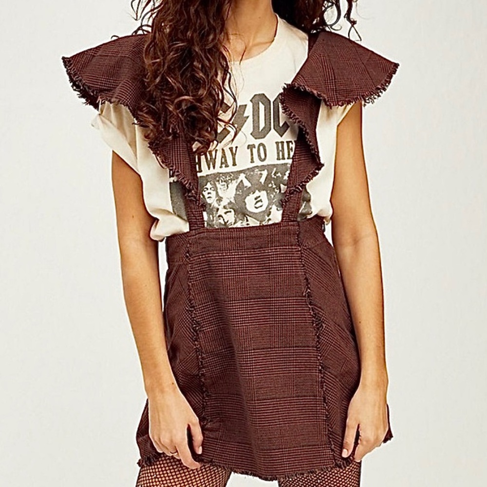 EXC • Free People Rowan Houndstooth Plaid Suspender Mini Skirt •